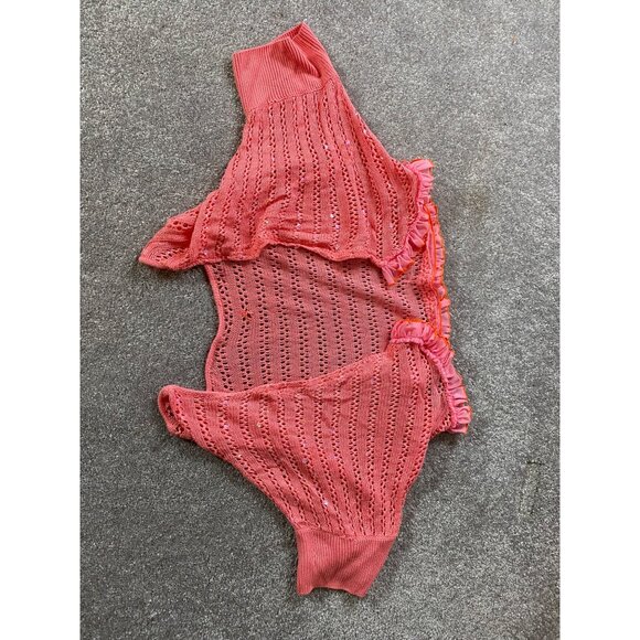 2 pc Colorful Boho Ruffled Dress Pink Textured Bodice & Crochet Shrug Small - Picture 5 of 15